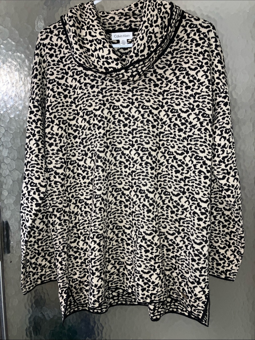Calvin Klein Black & Taupe Leopard Print Cowl Neck Sweater